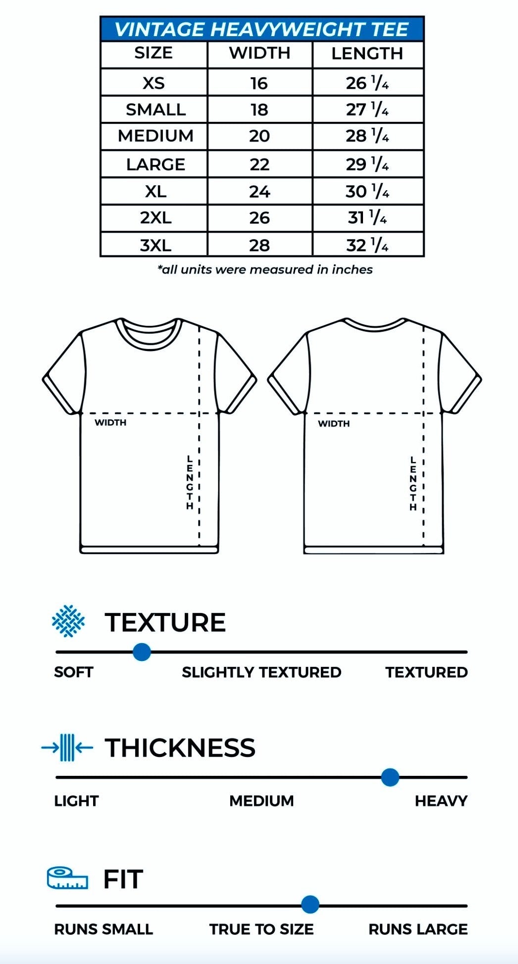 Vintage heavyweight tee size chart with measurements, texture, thickness, and fit information.