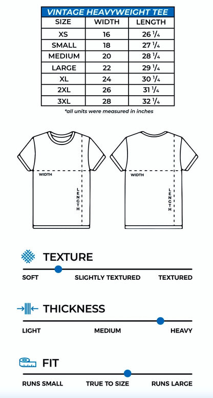 Vintage heavyweight tee size chart with measurements, texture, thickness, and fit information.